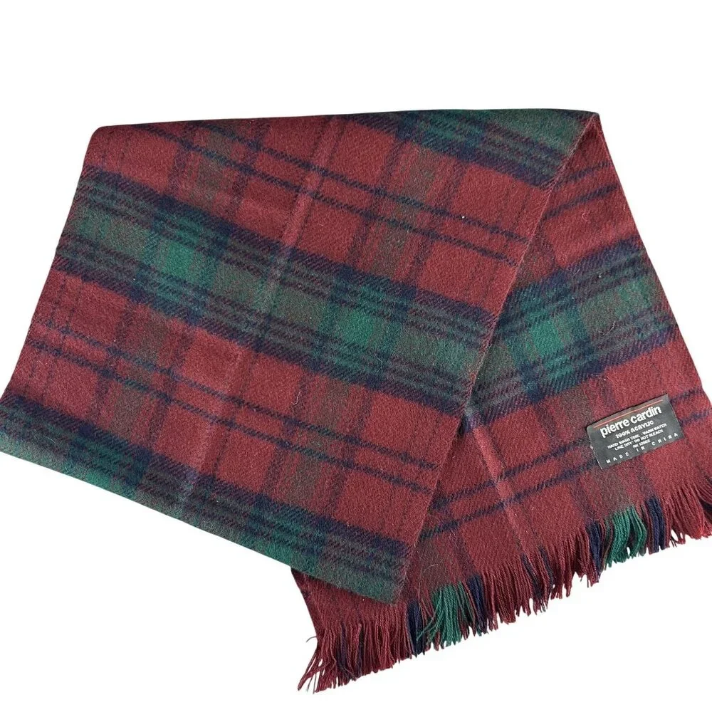 Pierre Cardin Red & Green Plaid Acrylic Scarf With Fringe 100% Acrylic 54